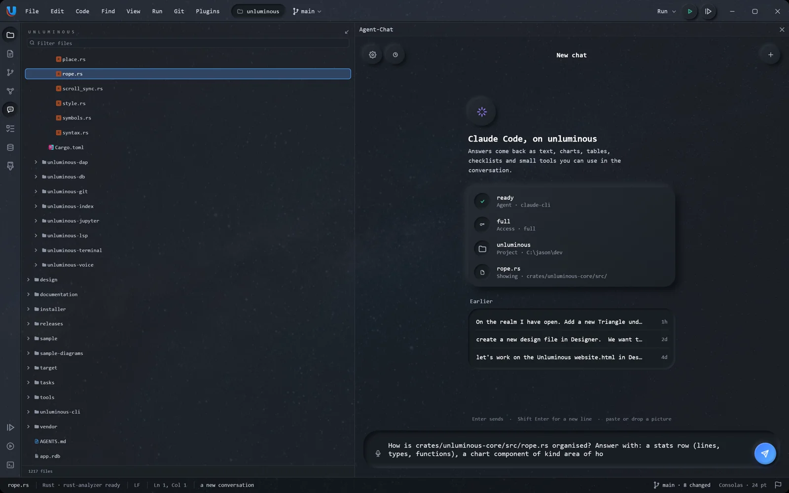 Agent Chat beside the explorer, answering a question about rope.rs with stats, a graph of its commits, a pie chart and steps