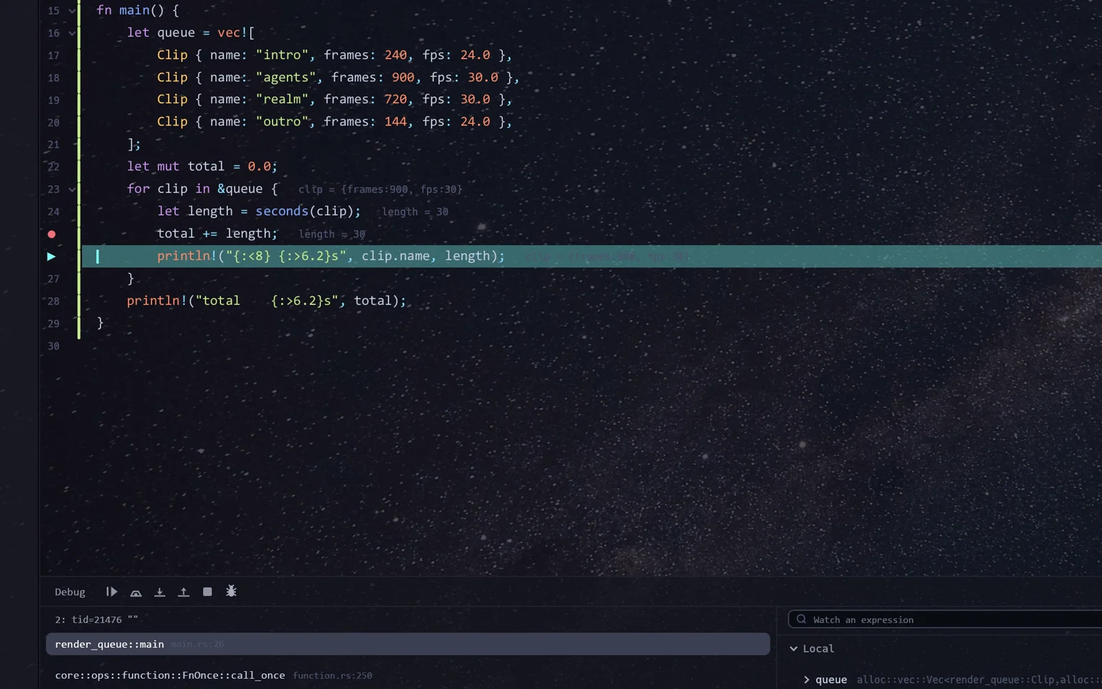 The debugger stepping through a Rust program