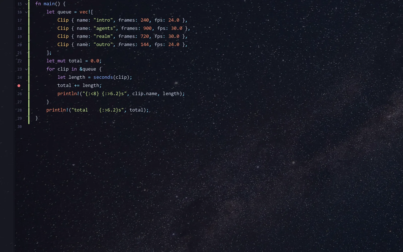 A breakpoint set in the gutter, the program stopped on it, and the debugger stepping with values beside the code