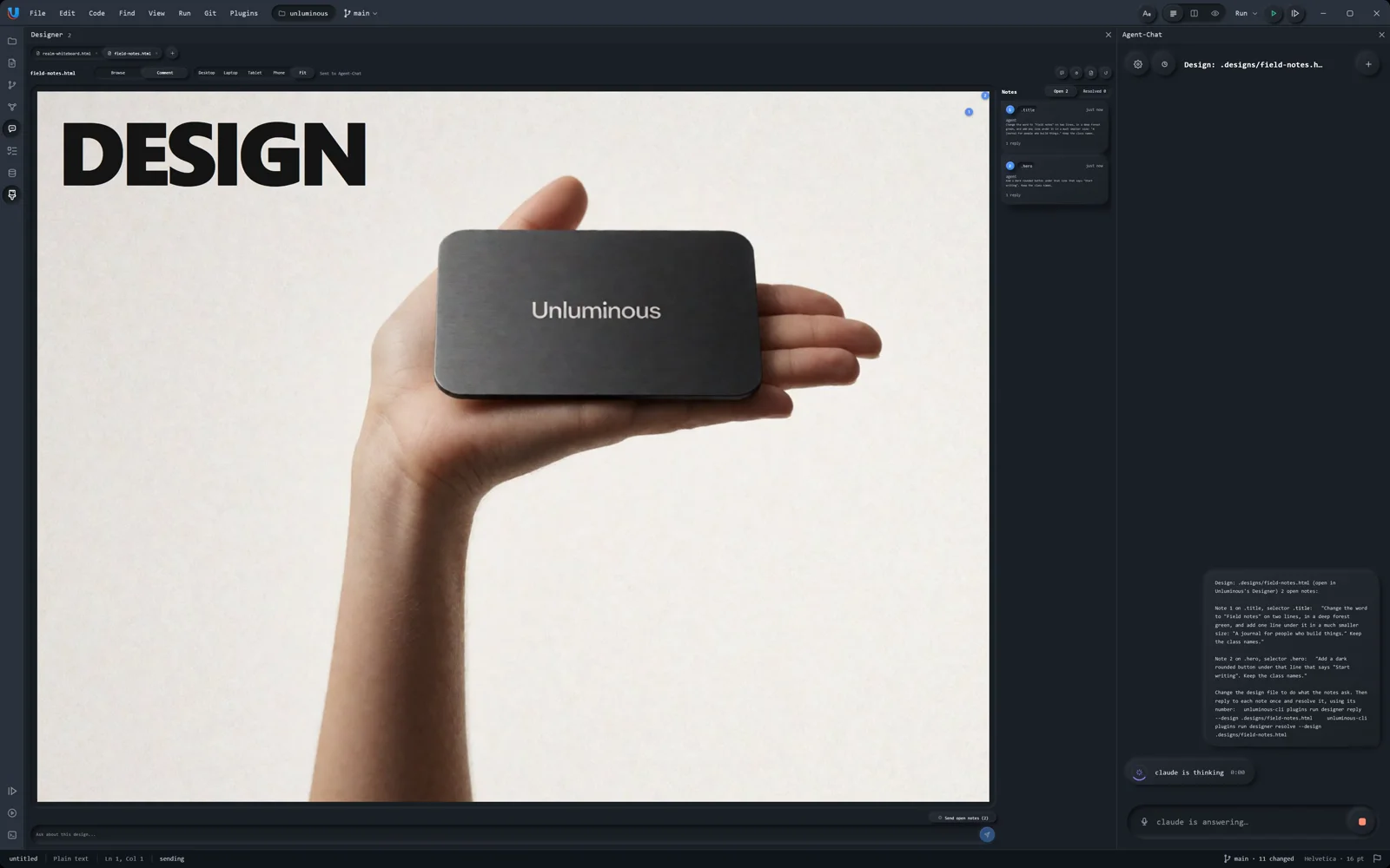 Three rounds of notes on the Designer starter page sent to Claude in Agent Chat: a new headline and button, glass cards over the photo, and a night version