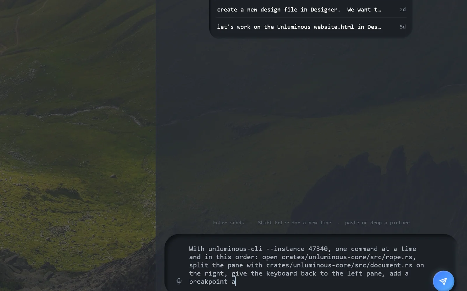 Claude Code in Agent Chat driving the window: opening files, running a command and reading the result