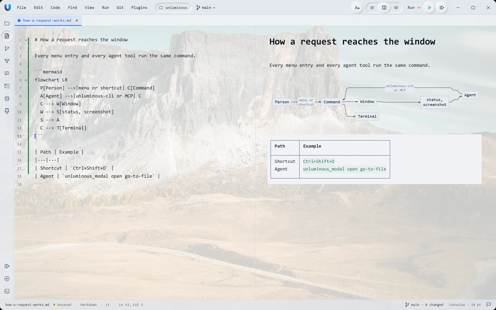 Typing into a Markdown file and the Mermaid flowchart in the preview growing a node at a time