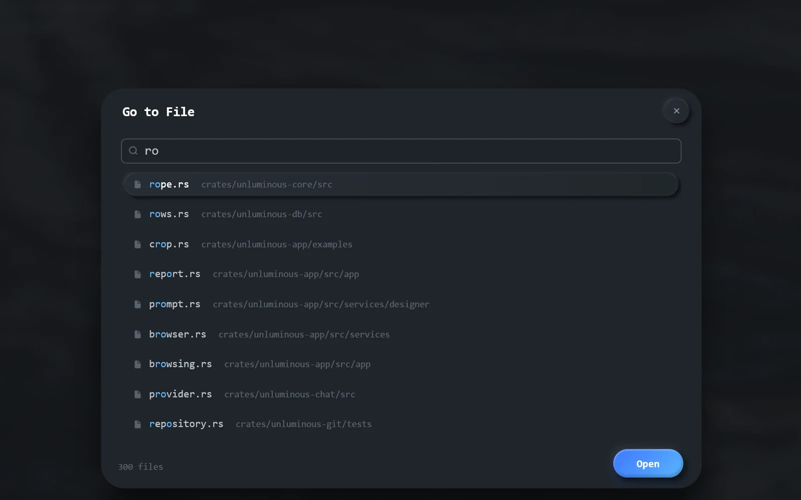 Go to File narrowing as a name is typed, the file opening, and Find in Files listing every match