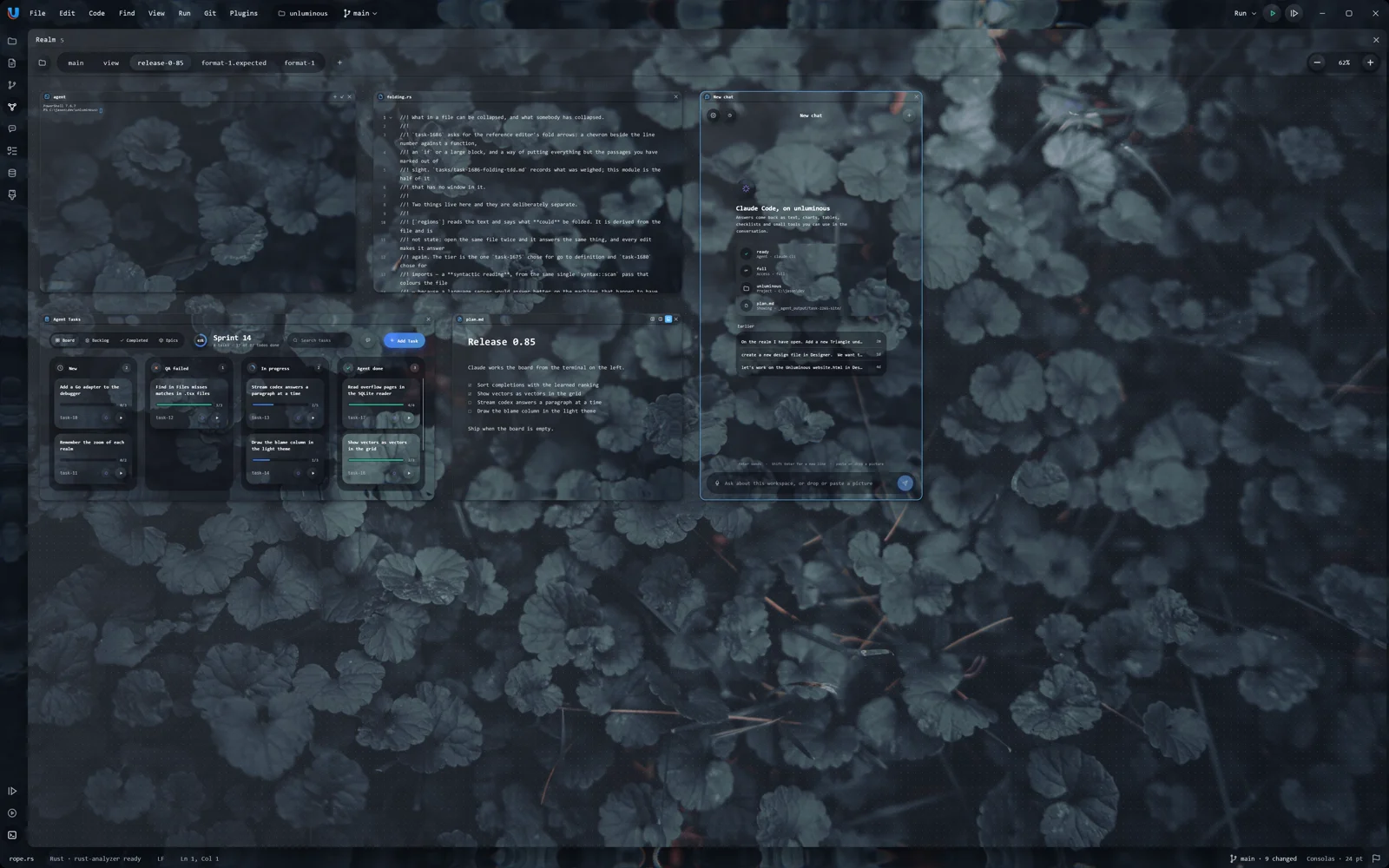 A realm being built: a terminal, an editor, the board, a note and a chat added and wired together