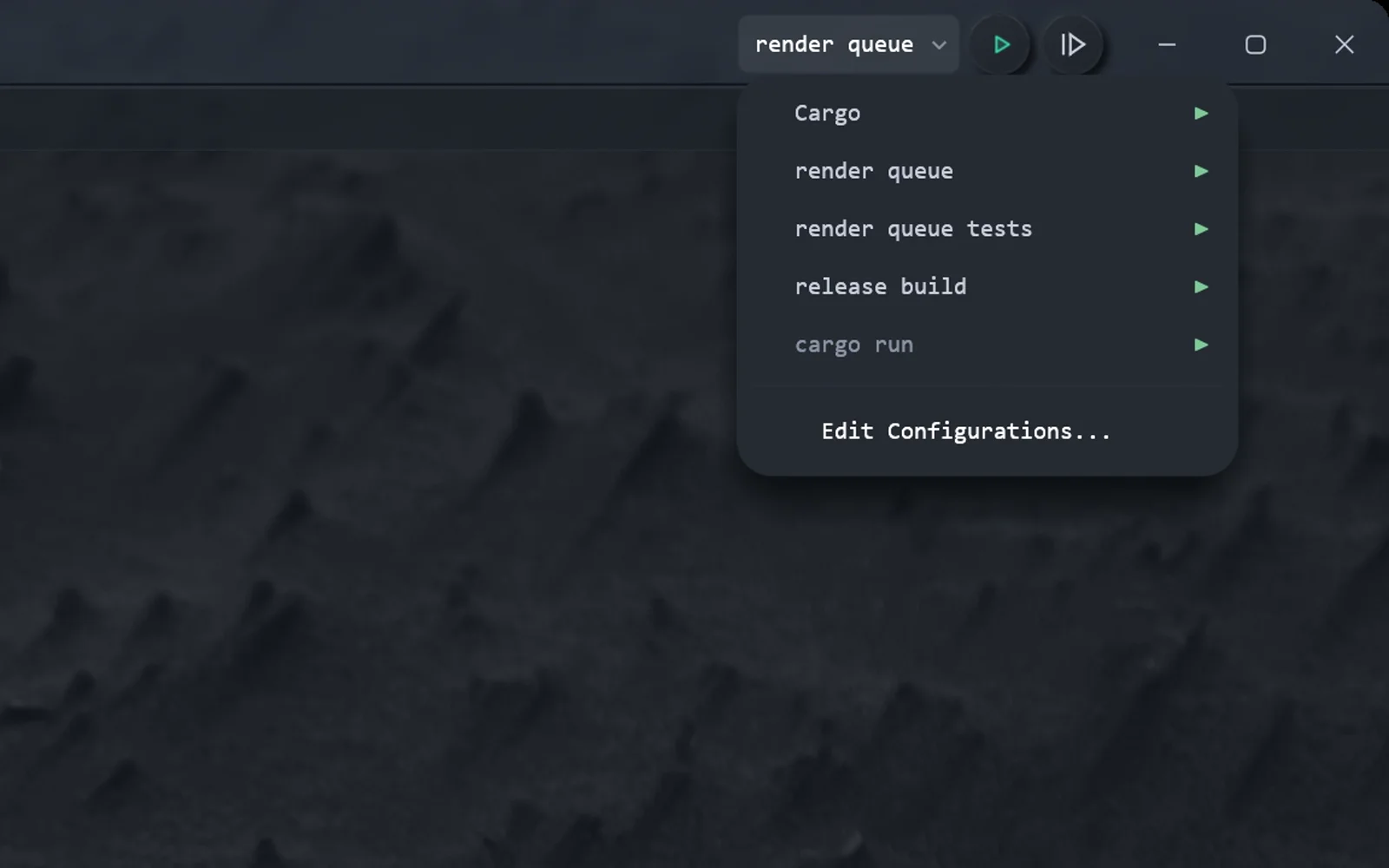 The run configurations listed in the title bar, play pressed on one, and its output streaming into the run tile