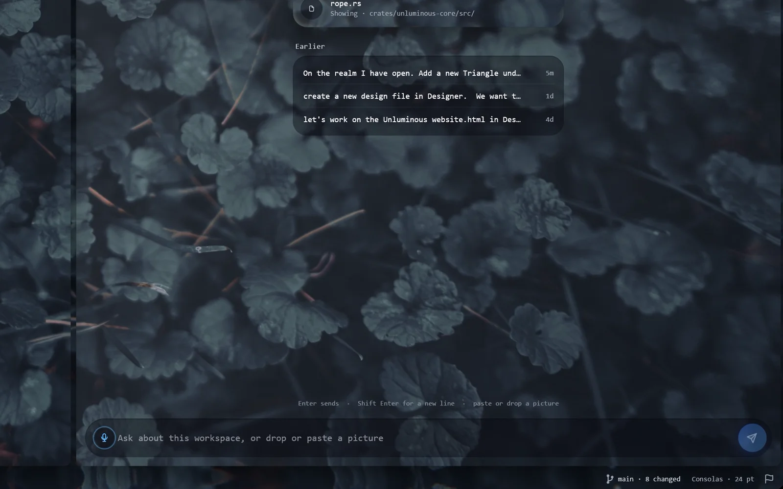 A question spoken into the Agent-Chat prompt filling it word by word and Claude answering, then Alt+V, then "Sable" opening the pane with nobody at the keyboard