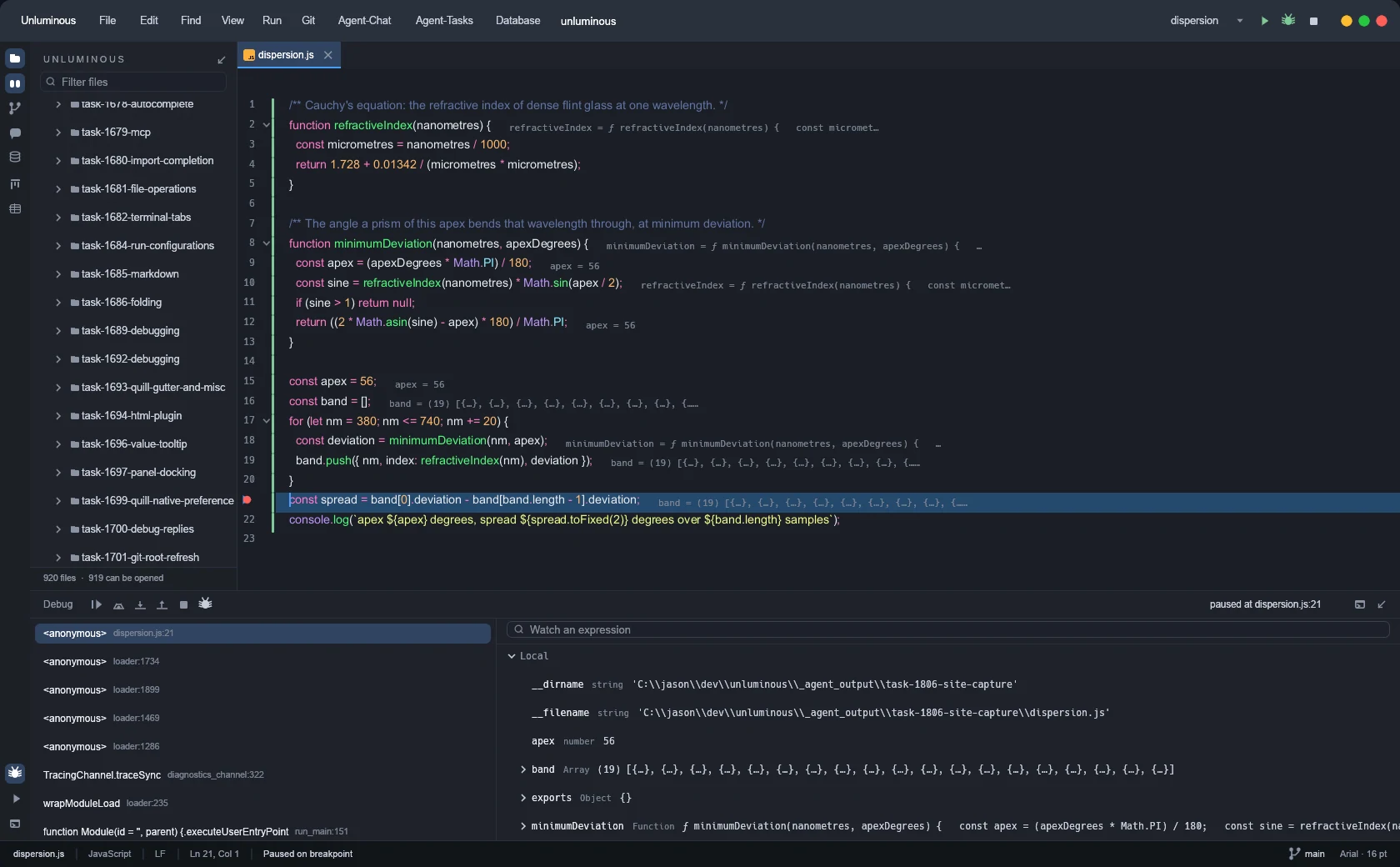 A debugger that speaks DAP — a capture of the running Unluminous window