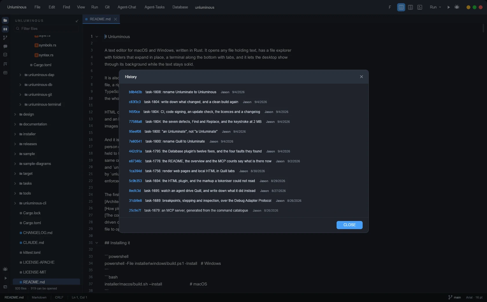The whole Git menu — a capture of the running Unluminous window