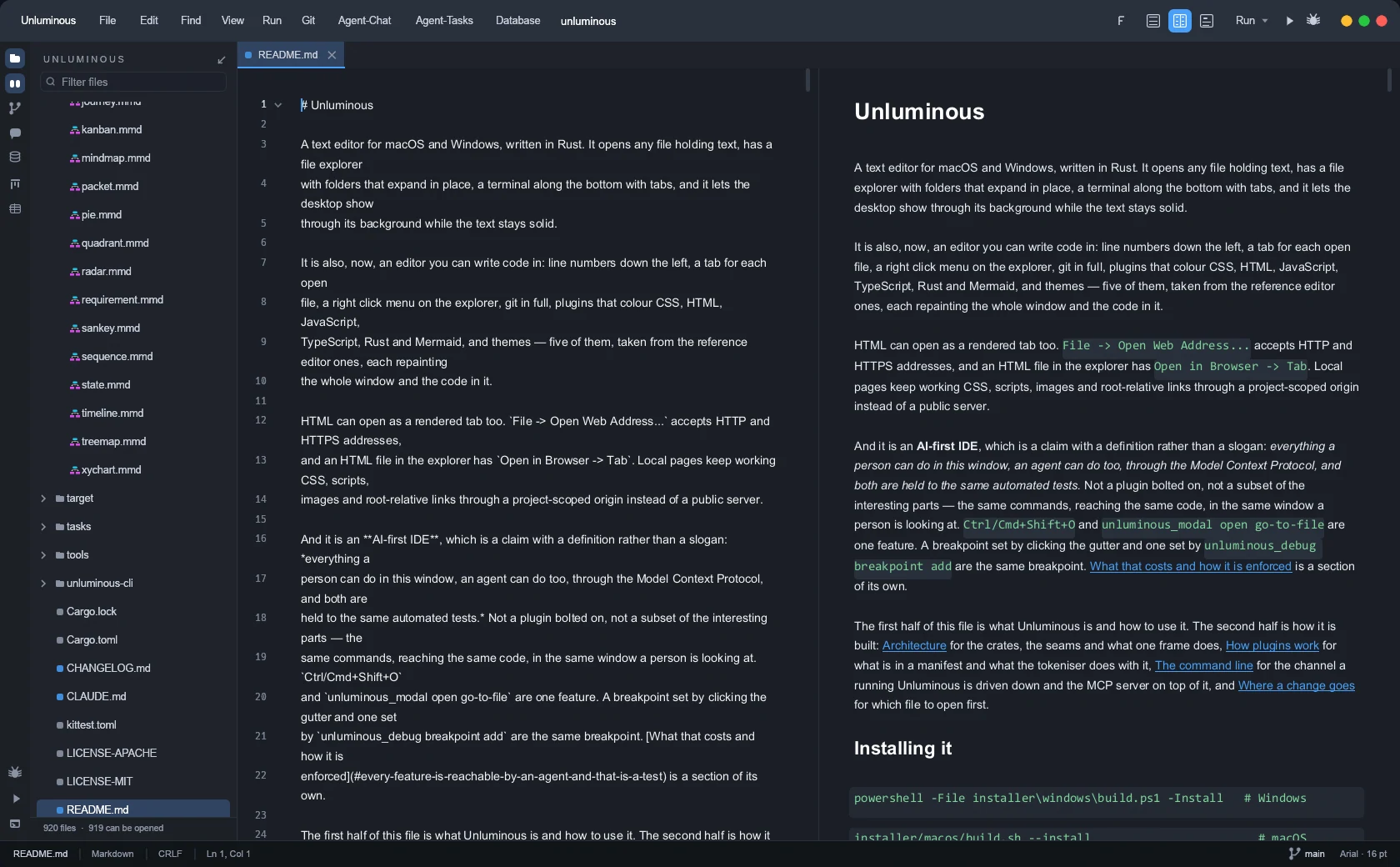 Markdown, side by side — a capture of the running Unluminous window