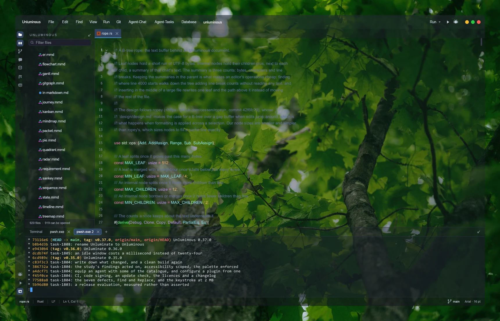 The Unluminous window at 35 per cent background opacity, with the desktop wallpaper visible through it