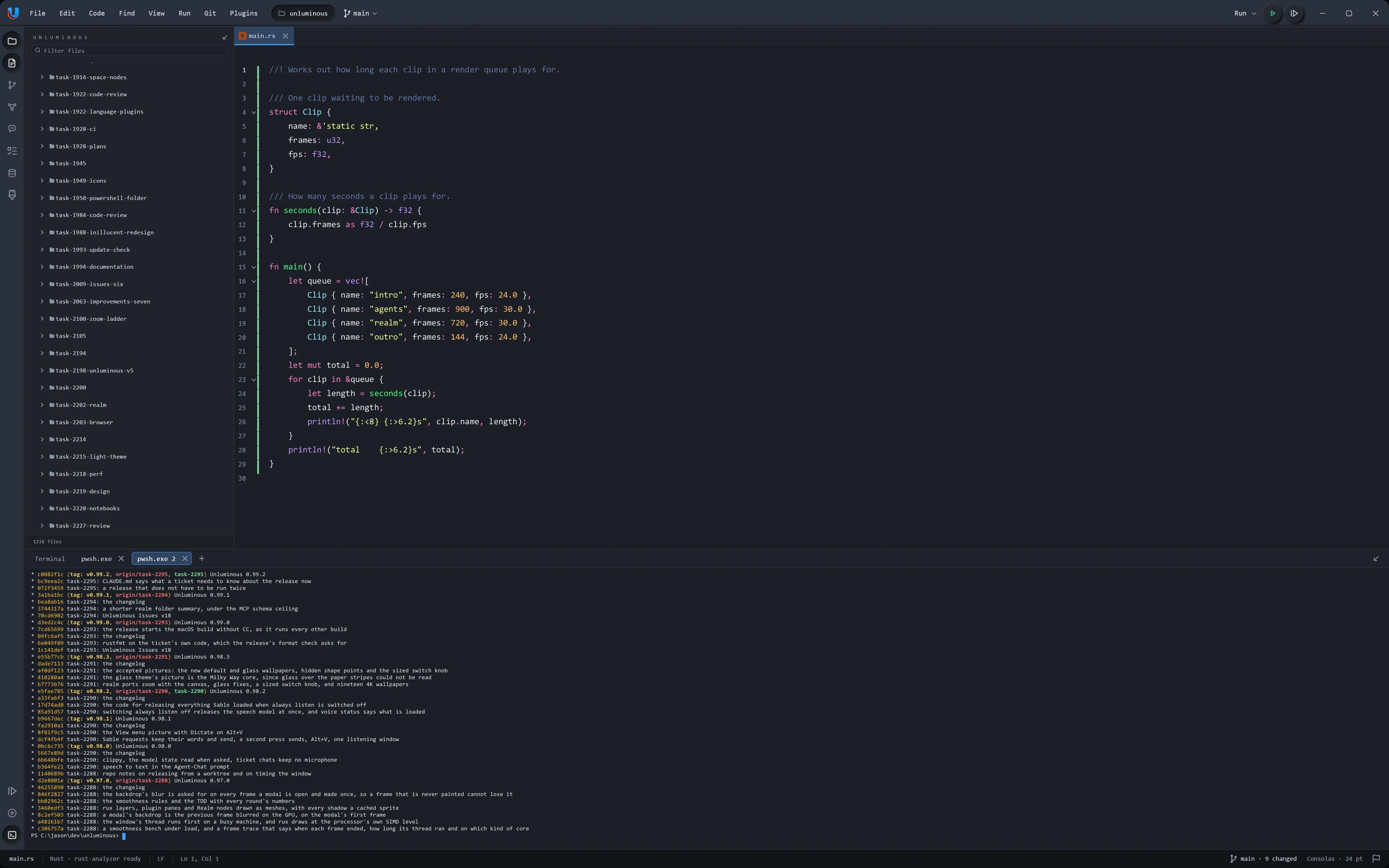 A Rust file and the git history in a terminal, in the Unluminous Dark theme