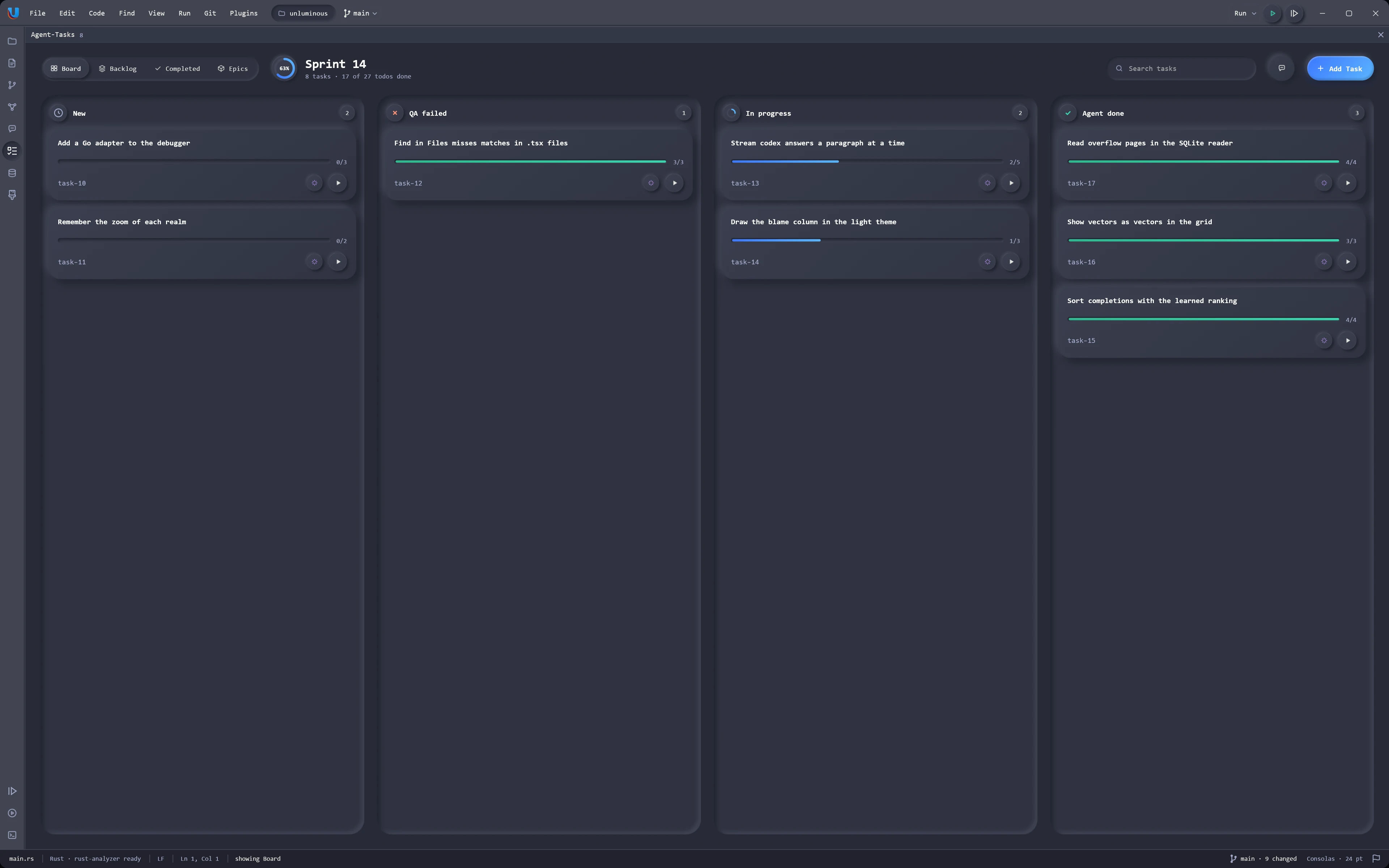 The Agent Tasks board in the Islands Dracula Colorful theme