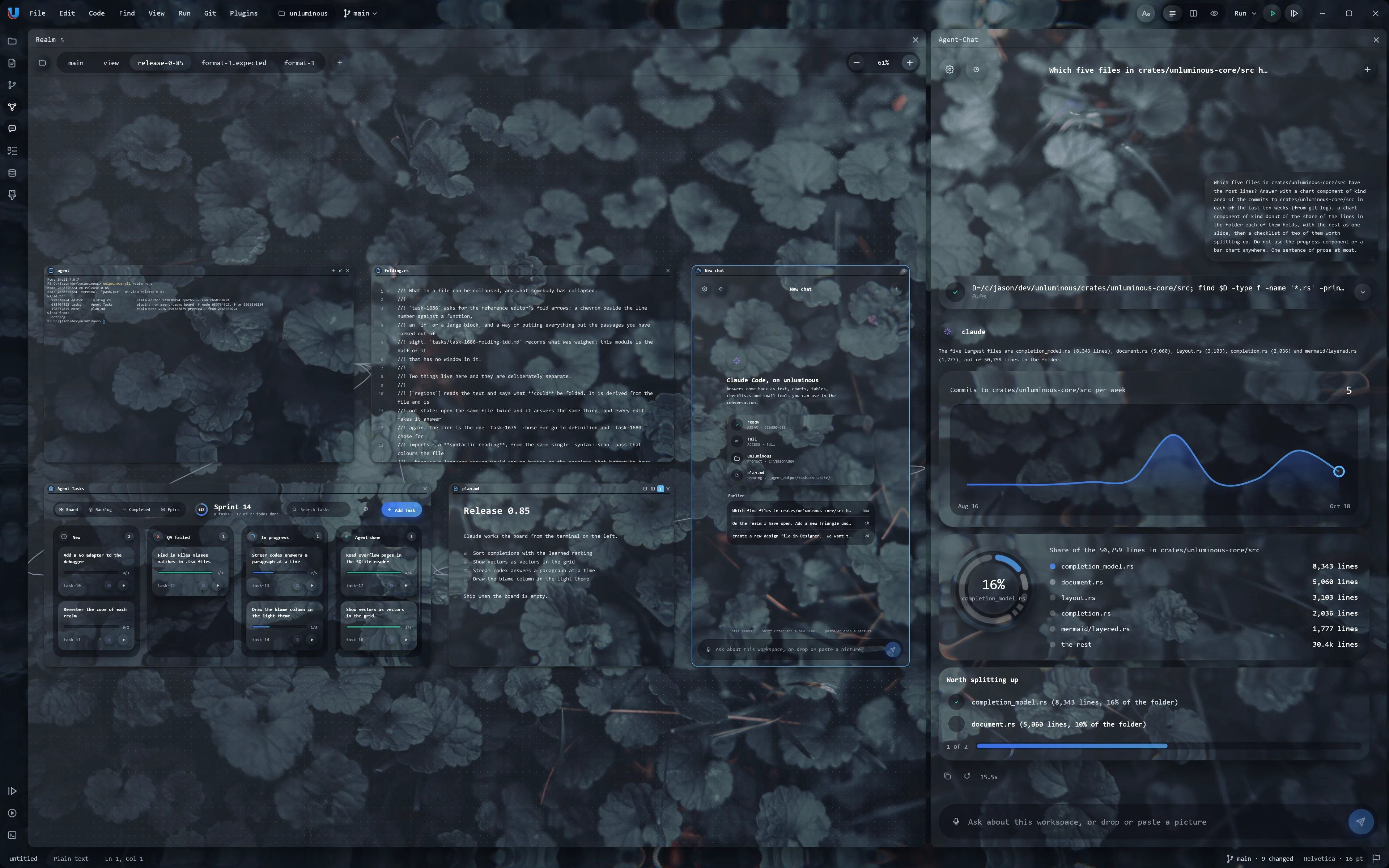 A realm and Agent Chat in the Unluminous Glass theme, over a picture of dark leaves