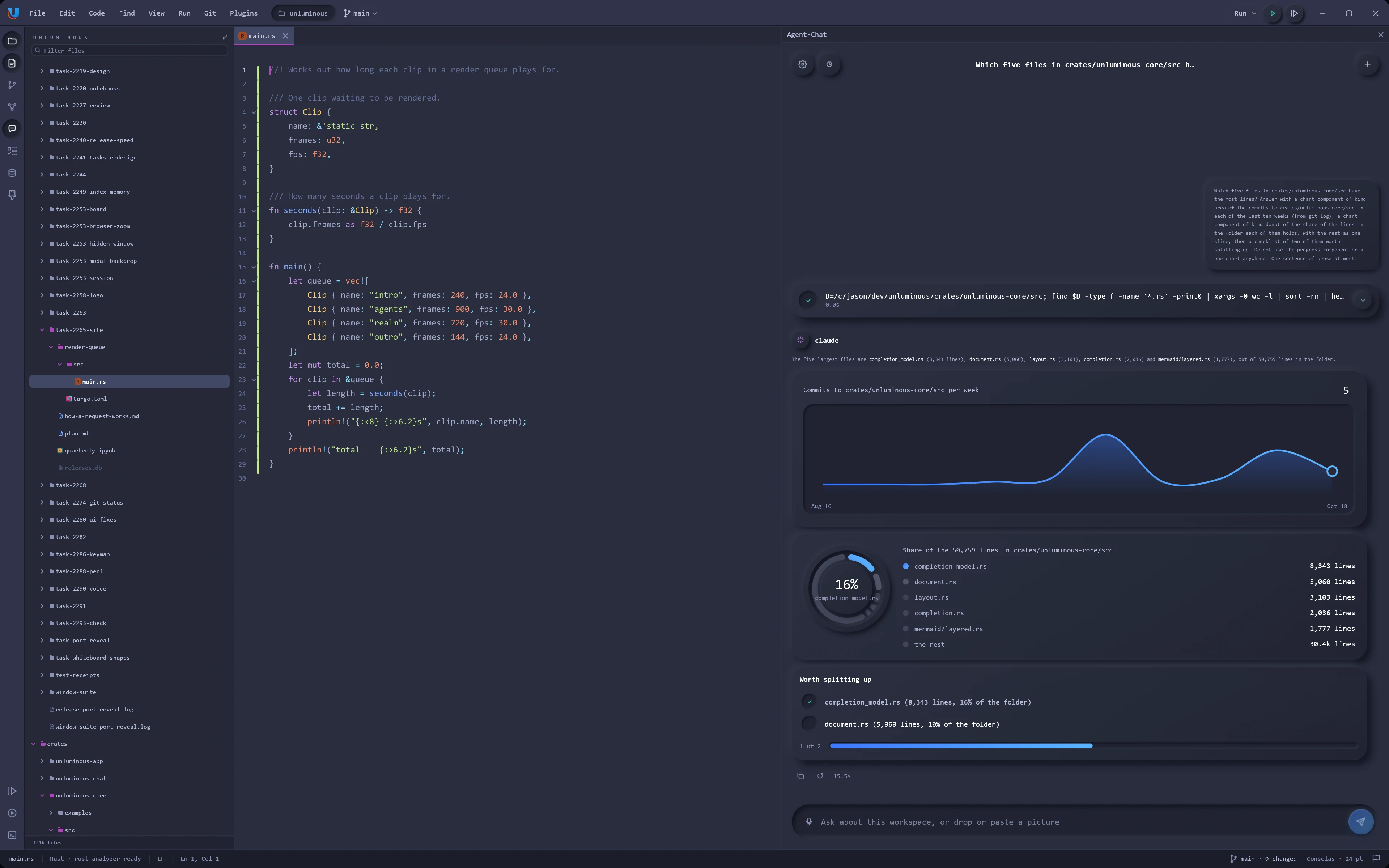 A file with an Agent Chat answer beside it, a graph of commits and a pie chart, in the Material Palenight theme